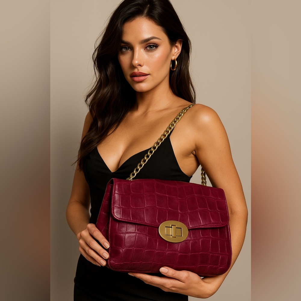 Badgley Mischka Croc-Embossed Shoulder Bag – Deep Berry with Gold Chain